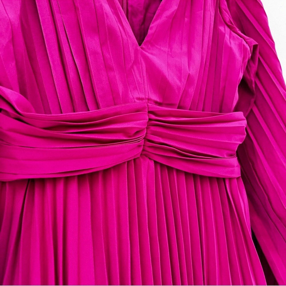 Anthropologie Aureta Pleated Long-Sleeve V Neck Midi Dress Raspberry Sz S NEW - Picture 7 of 11